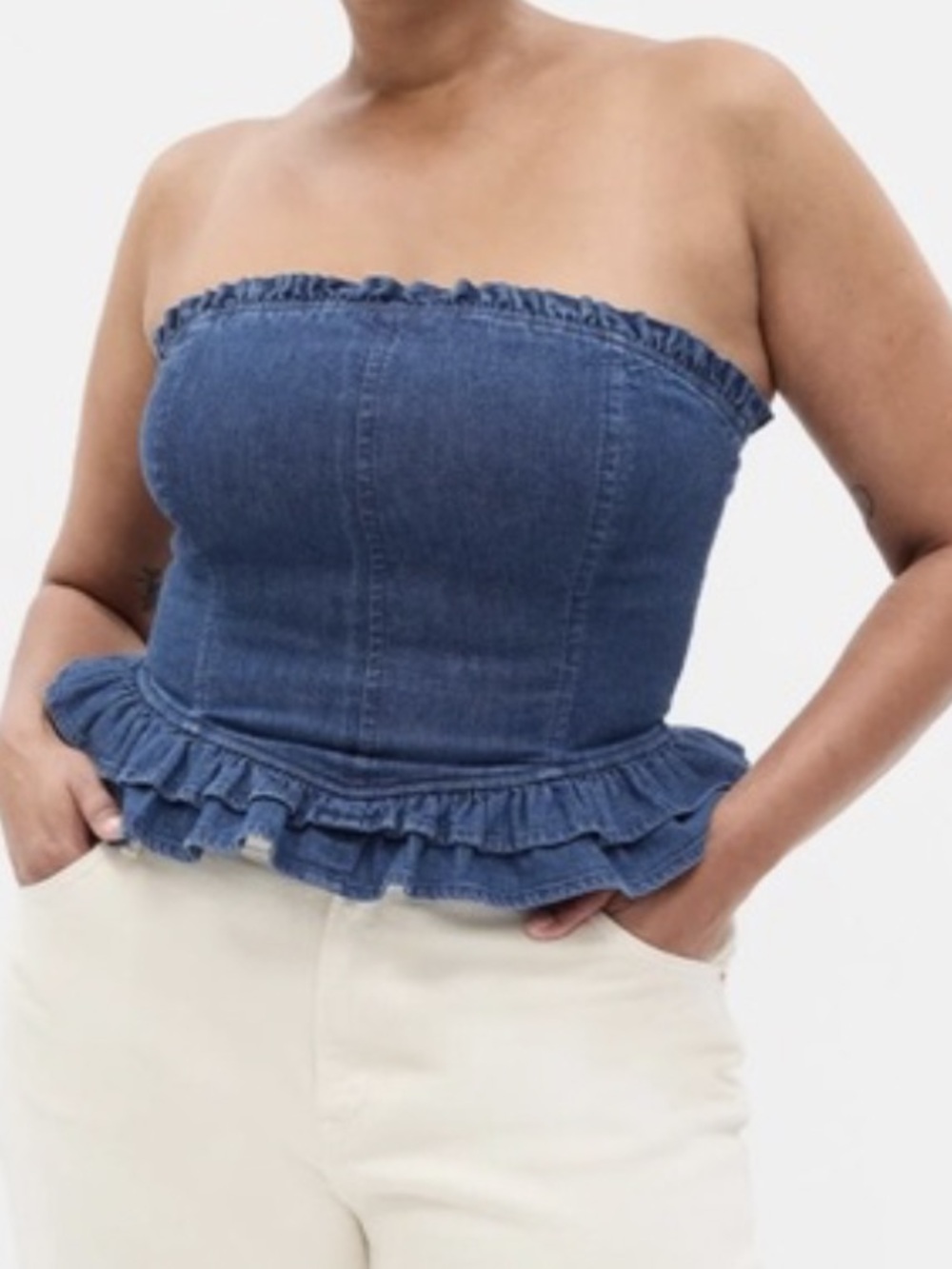 NWT Gap x LoveShackFancy Denim Corset Peplum Ruffle Top Smocked strapless Large